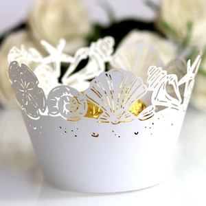 Laser Cut Ocean Theme Cupcake Wrappers Shell Starfish Pattern Pearlescent Paper Cake Decor For Wedding Birthday Party Favors
