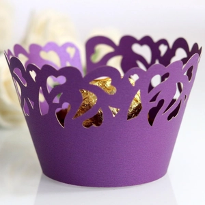 Purple laser-cut heart pattern cupcake wrappers for wedding and birthday party decor