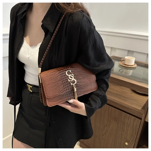 Detail of brown crocodile pattern leather bag with golden S buckle and fringe tassel
