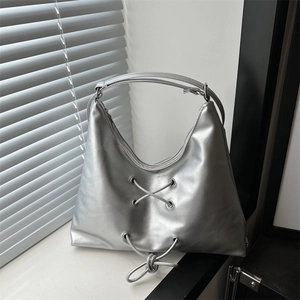 Women Fashion PU Leather Lace-up Hobo Bag With Chain Decor Large Capacity Minimalist Shoulder Bag Solid Color Tote Bag