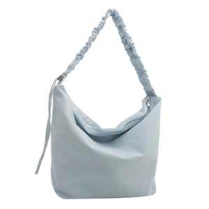 Light blue large capacity pleated hobo bag in nylon fabric for women with ruffled strap