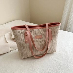 Grand Sac Fourre-tout en Paille Tissée pour Femmes Mode Motif Chevrons Garniture en Cuir Synthétique Sac à Épaule Vacances Plage Été