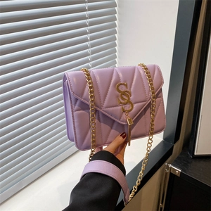 Women Quilted Rhombic Shoulder Bag PU Leather Golden Letter Decor Tassel Chain Small Square Underarm Crossbody Flap Bag