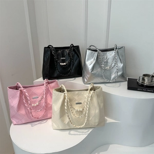 Chic quilted tote bags with pearl chain in black, silver, pink and cream white colors