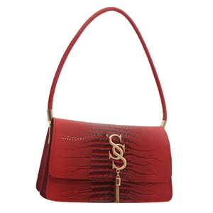 Fashionable red crocodile pattern handbag with golden S logo and rectangular silhouette