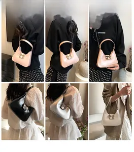 Collage of chic bow crescent bags in four colors with chain straps shown by model