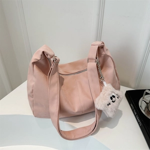 Women Nylon Hobo Bag Casual Lightweight Large Dumpling Shoulder Bag With Plush Pendant Contrast Stitching Crossbody Underarm Bag