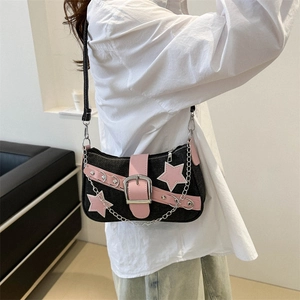 Y2K denim shoulder bag with pink leather stars and silver chain for women