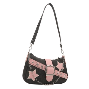 Y2K denim shoulder bag with pink star patches and adjustable silver chain strap