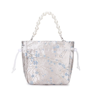 Floral embroidery satin tote bag with pearl handle and drawstring closure in silver grey