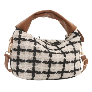 Borsa a tracolla classica in tweed bianco e nero con manici in pelle marrone e dettagli oro