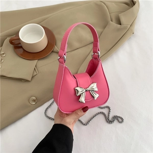 Elegant Women Shoulder Bag Synthetic Leather Metal Bow Knot Decoration Half Moon Hobo Bag Chain Strap Magnetic Closure