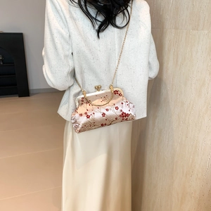 Vintage champagne silk handbag with red plum embroidery and golden chain strap