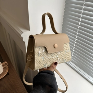 Sac à Épaule Mode Femme PU Paille Broderie Florale Sac à Main Bandoulière Petit Carré Été Plage Vacances Sacs à Main