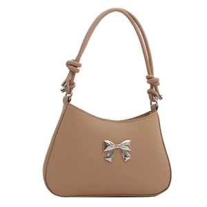 Minimalist beige hobo bag with a silver metallic bow and knotted handle detail