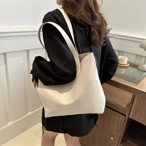 Minimalist beige nylon oxford tote bag for women with wide shoulder strap design