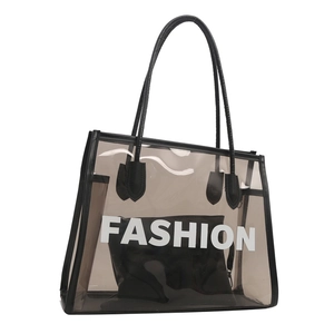Transparent black PVC 2-in-1 tote bag with FASHION lettering and inner pouch