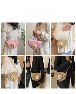 Collage of woven straw crossbody bags with floral charms worn in casual indoor settings
