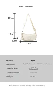 Detailed size chart for nylon crossbody bag showing measurements and adjustable strap