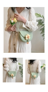 Close-up of a light green woven saddle bag featuring a yellow floral charm detail