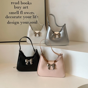 Fashionable half-moon bow handbags in white silver black and pink with chain straps