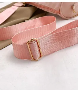 Close-up of pink nylon pillow bag showing woven shoulder strap and golden metal buckle