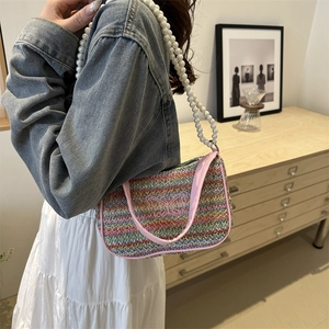 Colorful woven crossbody bag with pink butterfly embroidery and pearl bead strap