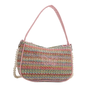 Colorful woven crossbody bag with pink butterfly embroidery and pearl chain strap