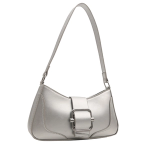 Silver metallic baguette underarm bag with decorative belt buckle on white background