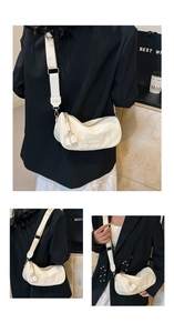 Three-way split view of a beige crescent crossbody bag with wide canvas shoulder straps
