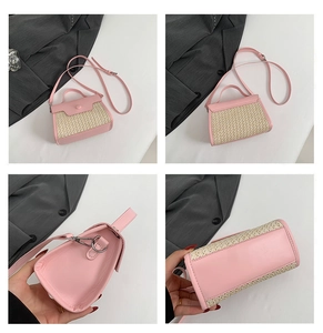 Detailed views of a pink woven mini handbag showing flap cover and adjustable shoulder strap