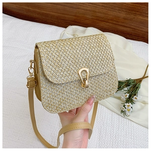 Detail view of woven straw crossbody bag with golden clasp and leather strap