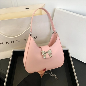 Trendy Bowknot PU Underarm Bag For Women Spring Casual Metallic Butterfly Buckle Chain Shoulder Hobo Bag Handbag Purse