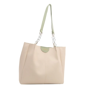 Minimalist beige tote bag with light green straps and gold fashion logo detail