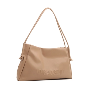 Minimalist beige synthetic leather tote bag with VVGNOGZHU embossed logo for women