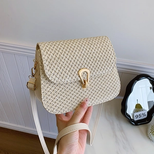 Women Straw Woven Shoulder Crossbody Bag With Metal Lock Fresh Summer Beach Style Small Square Handbag