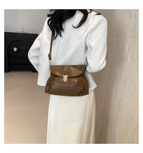 Detail of a brown pleated crossbody bag with a vintage gold metal clasp and adjustable strap
