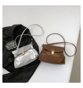 Detailed shot of silver and coffee crossbody bags with gold metal press buckles