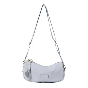Chic light blue faux leather hobo shoulder bag with adjustable strap and fashion label