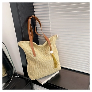 Sac Cabas en Paille Tissée pour Femmes Grande Capacité Sac à Épaule Plage Vacances avec Bandoulières en Cuir et Gland