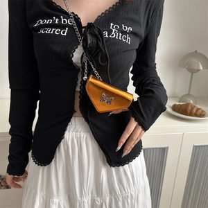 Mini orange metallic triangle bag with silver butterfly buckle and stylish chain strap