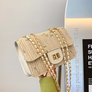 Floral Embroidered Straw Shoulder Bag For Women Summer Beach Woven Chain Small Square Crossbody Bag Vacation Travel Handbag