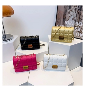 Quilted small square crossbody bags in black, gold, fuchsia and white with gold chains