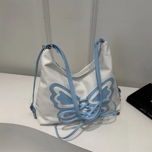 Women Fashion Butterfly Patch Shoulder Bag Large Capacity PU Leather Contrast Color Lace Up Tote Bag Stylish Commuter Handbag
