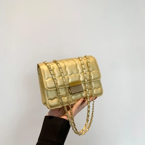Women Fashion Quilted PU Leather Shoulder Bag Solid Color Square Crossbody Bag With Gold Chain Strap And Clasp Closure
