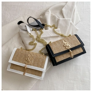 Detail of woven straw handbag featuring gold chain strap and metal double S buckle