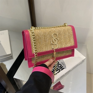 Women's Fashion Woven Straw Shoulder Bag PU Leather Patchwork Small Square Crossbody Bag With Chain Tassel S Logo For Daily