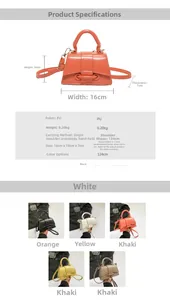 Detailed spec sheet showing PU leather mini bag dimensions and five color variations