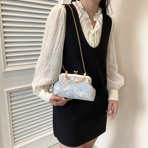Blue embroidery shell bag with gold chain strap and metal handle in retro chinese style
