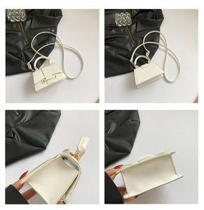 Detailed views of a white mini trapezoid handbag showing stitching and interior compartment